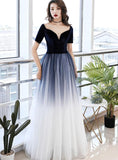 Solvbao Elegant Tulle V-neckline Blue Evening Gown,Blue Formal Dress