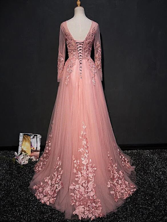 Solvbao Pink Lace Applique Tulle  Floor-length A-line Prom Dresses, Long Sleeves Party Dress