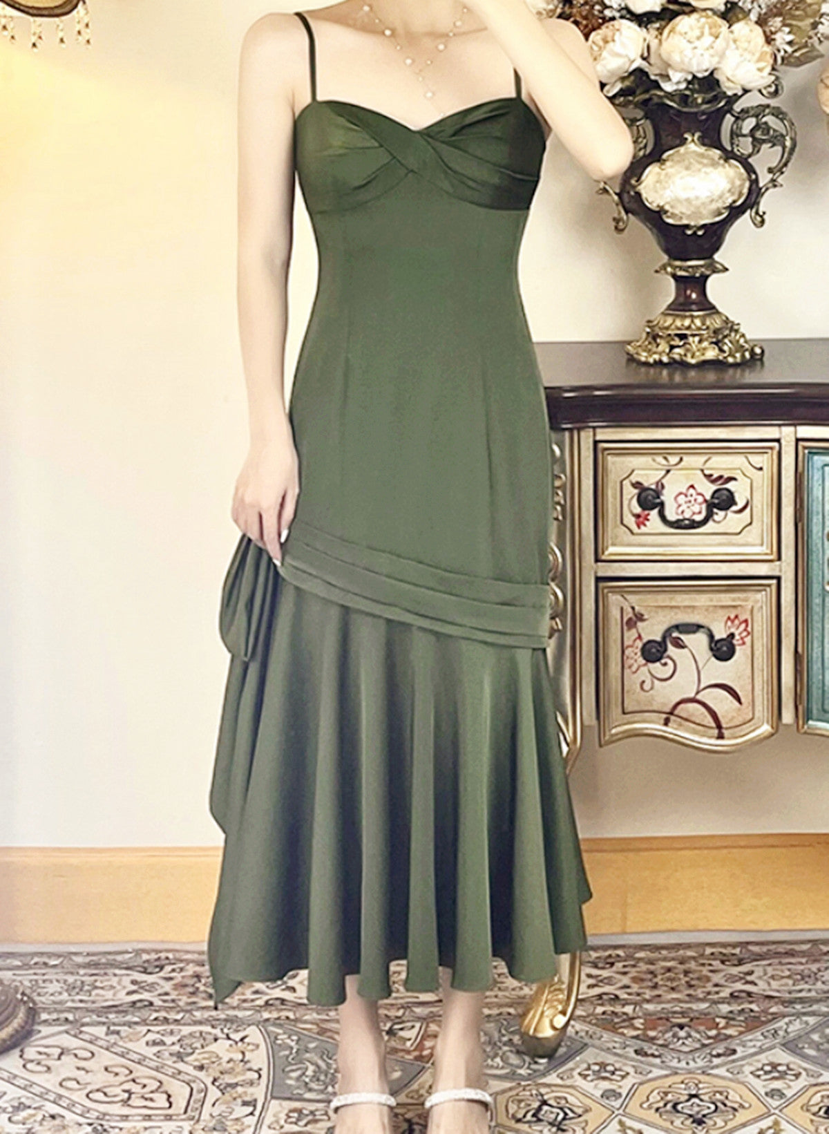 solvbao Green Satin Tea Length Sweetheart Party Dress, Green Satin Prom Dress Formal Dress