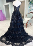 solvbao Navy Blue Lace and Tulle Sweetheart Long Formal Dress, Navy Blue Prom Dress