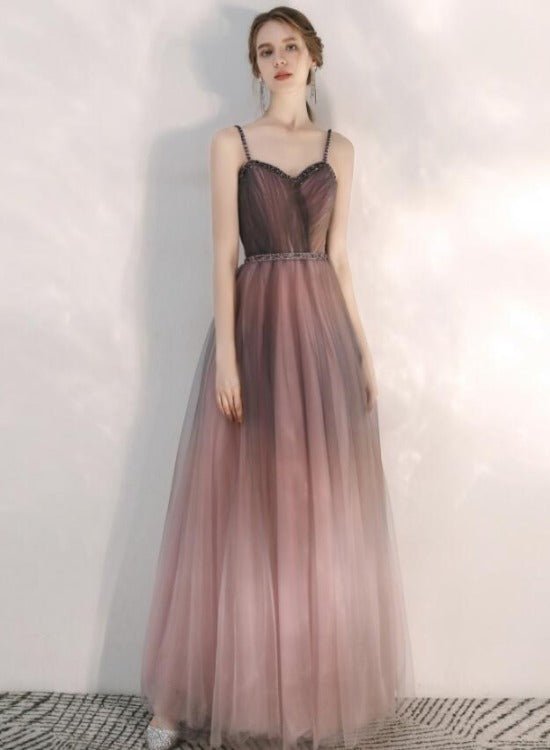 Solvbao Beautiful Gradient Tulle Straps Sweetheart Long Party Dress, Long Junior Prom Dresses