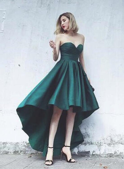 Solvbao Dark Green High Low Homecoming Dress , Sweetheart Party Dress, Satin Fashionable Formal Dress