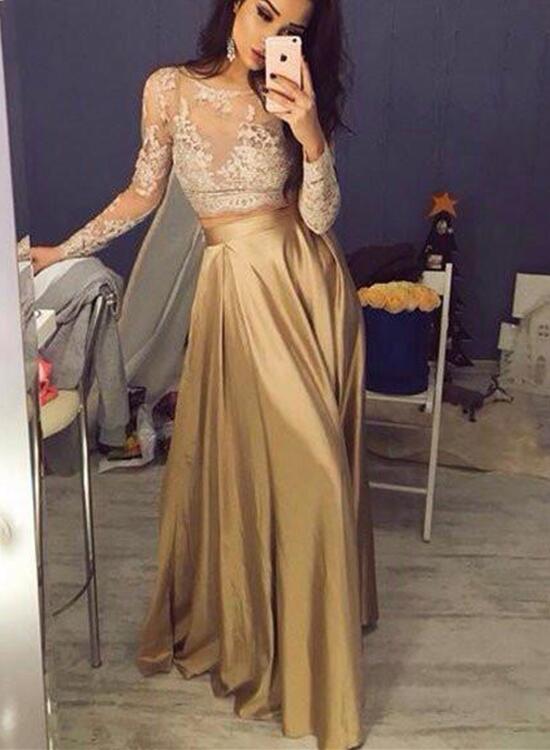 solvbao Two Piece Party Dress with Long Sleeves, Lace and Satin Formal Gowns, Gold Formal Dresses