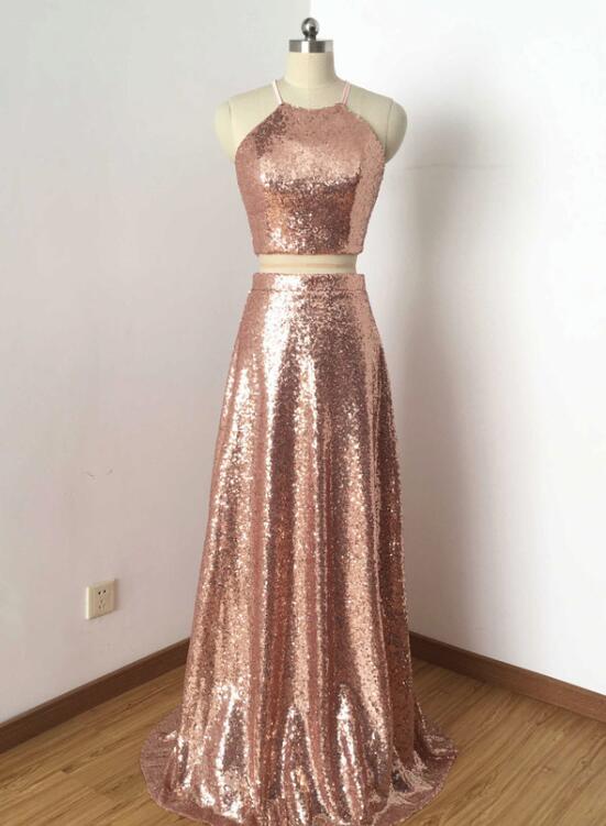 solvbao Two Piece Sequins Halter Bridesmaid Dresses, A-line Long Formal Dress, Party Dress