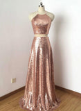 solvbao Two Piece Sequins Halter Bridesmaid Dresses, A-line Long Formal Dress, Party Dress