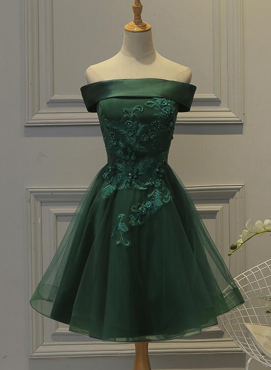 solvbao Green Tulle and Satin Lovely Short Party Dress, Off Shoulder Party Dress , Formal Dresses