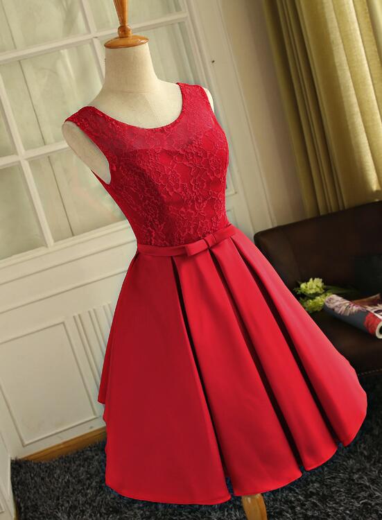 solvbao Cute Red Satin Round Neckline Party Dresses, Satin Homecoming Dresses, Short Prom Dress