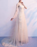 solvbao Light Champagne Tulle Long Straps Formal Gown, Gorgeous Party Dress