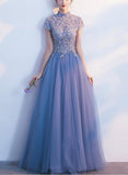 solvbao Light Blue Cap Sleeves Floor Length Party Dress, Blue Formal Gowns, Prom Dress