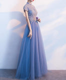 solvbao Light Blue Cap Sleeves Floor Length Party Dress, Blue Formal Gowns, Prom Dress