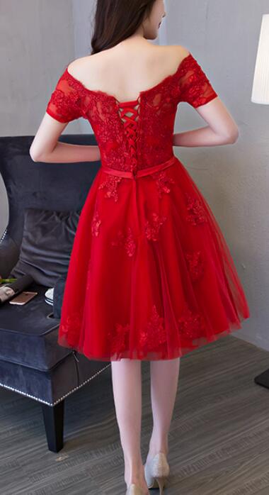 Solvbao Red Short Sleeves Applique and Tulle Prom Dress, Red Formal Dress