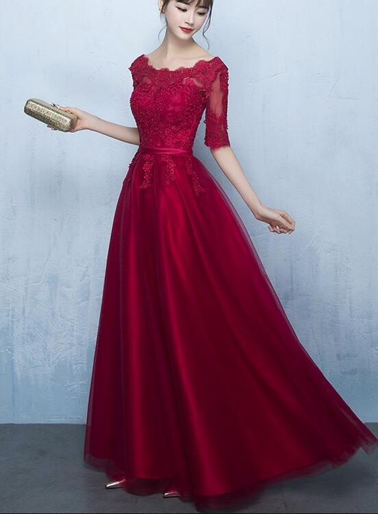 solvbao Wine Red 1/2 Sleeves Lace and Tulle Party Dress, Charming Dark Red Formal Gowns