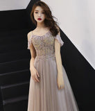 solvbao Dark Champagne Off Shoulder Floor Length Party Dress, Straps Junior Prom Dress