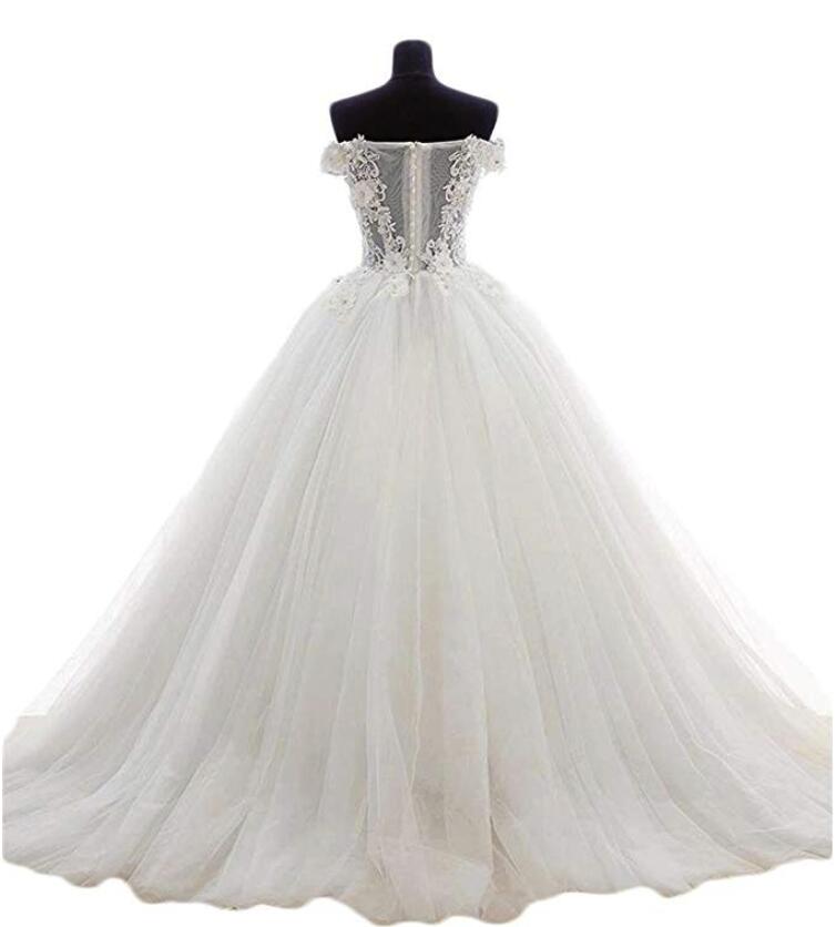 solvbao White Tulle and Lace Applique Off Shoulder Wedding Gown, Beautiful Sweet 16 Dresses