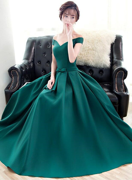 Solvbao Dark Green Off the Shoulder Satin Long Party Dress, Long Formal Dress