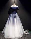 Solvbao Charming Navy blue Gradient Tulle with Lace Applique Party Gown, Short Sleeves Formal Dress