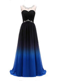 Solvbao Charming Round Neck Beaded Gradient Prom Dress, Blue Formal Gown