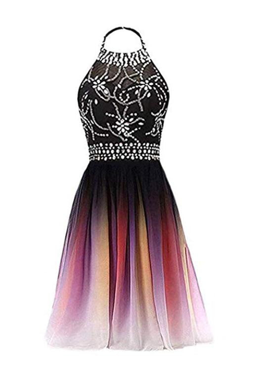 Solvbao Cute Halter Beaded Knee Length Homecoming Dress, Short Prom Dress