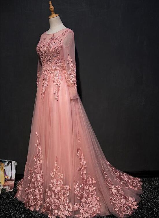 Solvbao Pink Lace Applique Tulle  Floor-length A-line Prom Dresses, Long Sleeves Party Dress