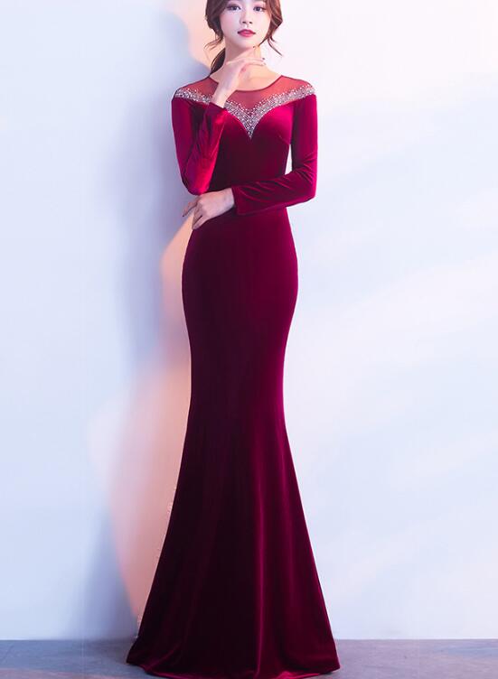 Solvbao Elegant Long Sleeves Velvet Mermaid Long Party Dress, Charming Prom Dress