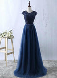 solvbao Charming Navy Blue Tulle and Lace Long Bridesmaid Dress, Long Party Dress