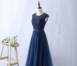 solvbao Charming Navy Blue Tulle and Lace Long Bridesmaid Dress, Long Party Dress