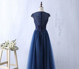 solvbao Charming Navy Blue Tulle and Lace Long Bridesmaid Dress, Long Party Dress