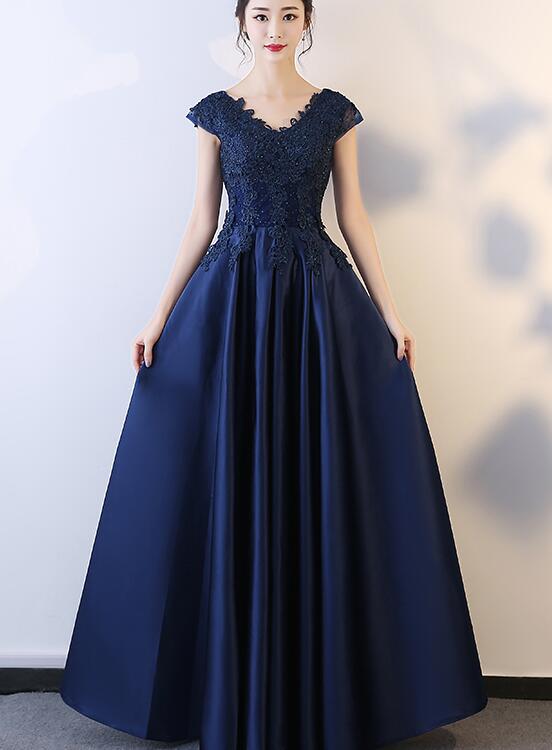 solvbao Beautiful Navy Blue Long Party Dress, A-line Prom Dress