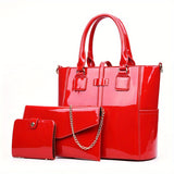 3Pcs Patent Leather Bag Set, Fashion Handbags With Chain Crossbody Bag & Clutch Purse & Card Holder