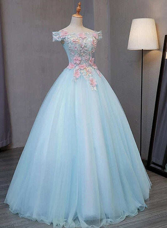 Solvbao Light Blue Long Floral Tulle Sweet 16 Dress,  Quinceanera Dress