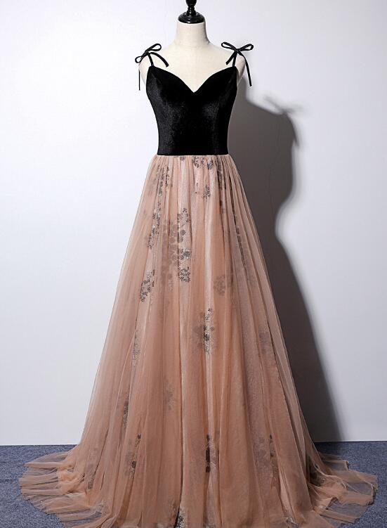 Solvbao Sexy Champagne Tulle with Black Velvet Prom Dress, Straps Party Gown