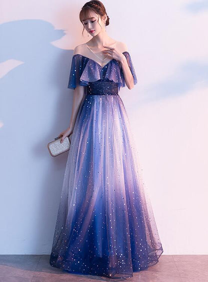 Solvbao Beautiful Blue Tulle Gradient Long Bridesmaid Dress, Wedding Party Dress