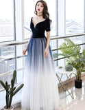 Solvbao Elegant Tulle V-neckline Blue Evening Gown,Blue Formal Dress