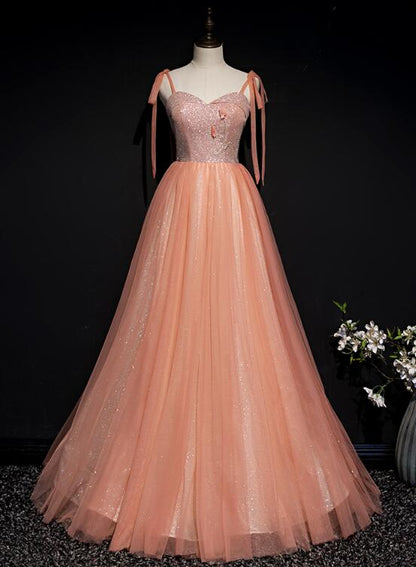 Solvbao Lovely Tulle Sparkle Straps Long Formal Gown, Pink Prom Dress