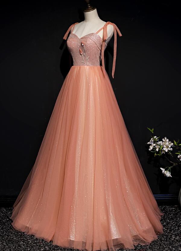 Solvbao Lovely Tulle Sparkle Straps Long Formal Gown, Pink Prom Dress