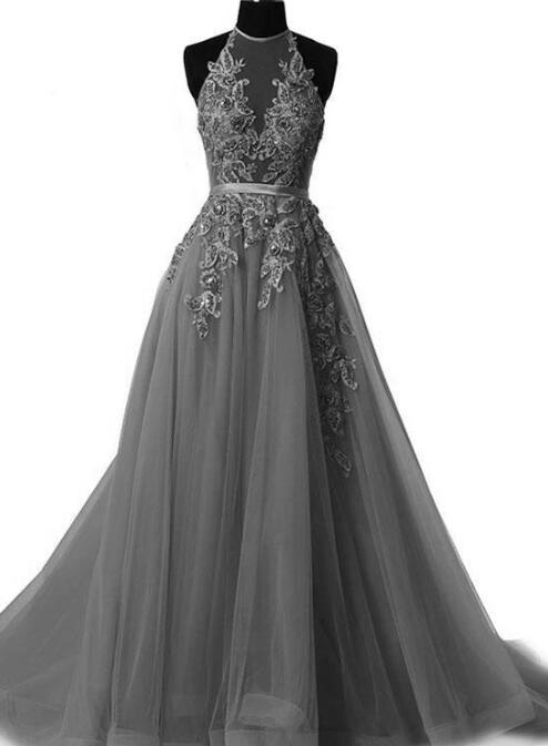 solvbao Grey Halter Lace Applique Tulle Formal Gowns, Grey Party Dresses, Prom Gowns, Formal Dresses