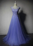 Solvbao Cute Purple Tulle A-line Bridesmaid Dress, Lace Applique Prom Dress