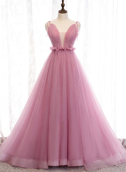 Solvbao Charming Pink V-neckline Straps Tulle Long Evening Dress, Pink Prom Dress