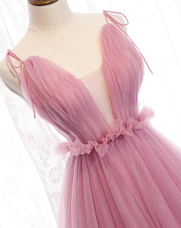 Solvbao Charming Pink V-neckline Straps Tulle Long Evening Dress, Pink Prom Dress