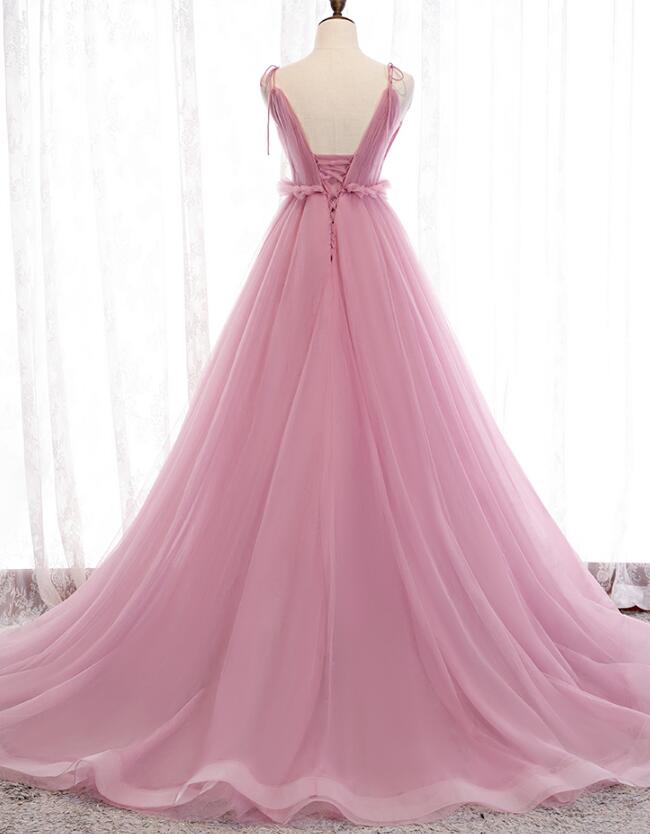 Solvbao Charming Pink V-neckline Straps Tulle Long Evening Dress, Pink Prom Dress