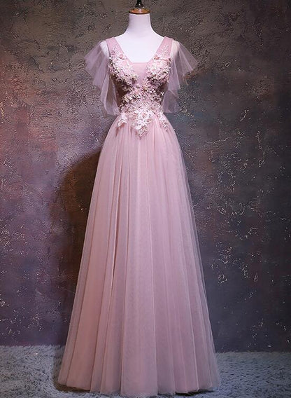 Solvbao Pink Tulle V-neckline Long Prom Dress, New Pink Wedding Party Dress