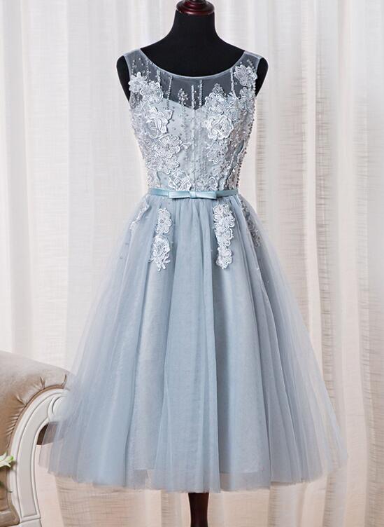 Solvbao Lovely Light Blue Tulle Homecoming Dress, Cute Tea Length Party Dress