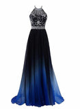 Solvbao New Chiffon Blue Gradient Beaded Party Dress, A-line Long Prom Dress