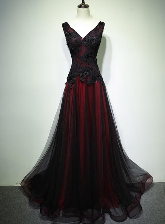 solvbao Gorgeous Black and Red V-neckline Tulle Beaded Prom Dress, Long Evening Gown