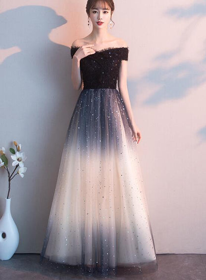 Solvbao Beautiful Black Off Shoulder Tulle Gradient Long Party Gown, Long Prom Dress