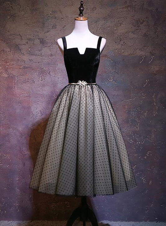 Solvbao Cute Black Tea Length Tulle with Velvet Straps Party Dress, A-line Tulle Homecoming Dress