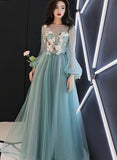 solvbao Light Green Tulle Long Party Dress with Flowers, Long Formal Dresses