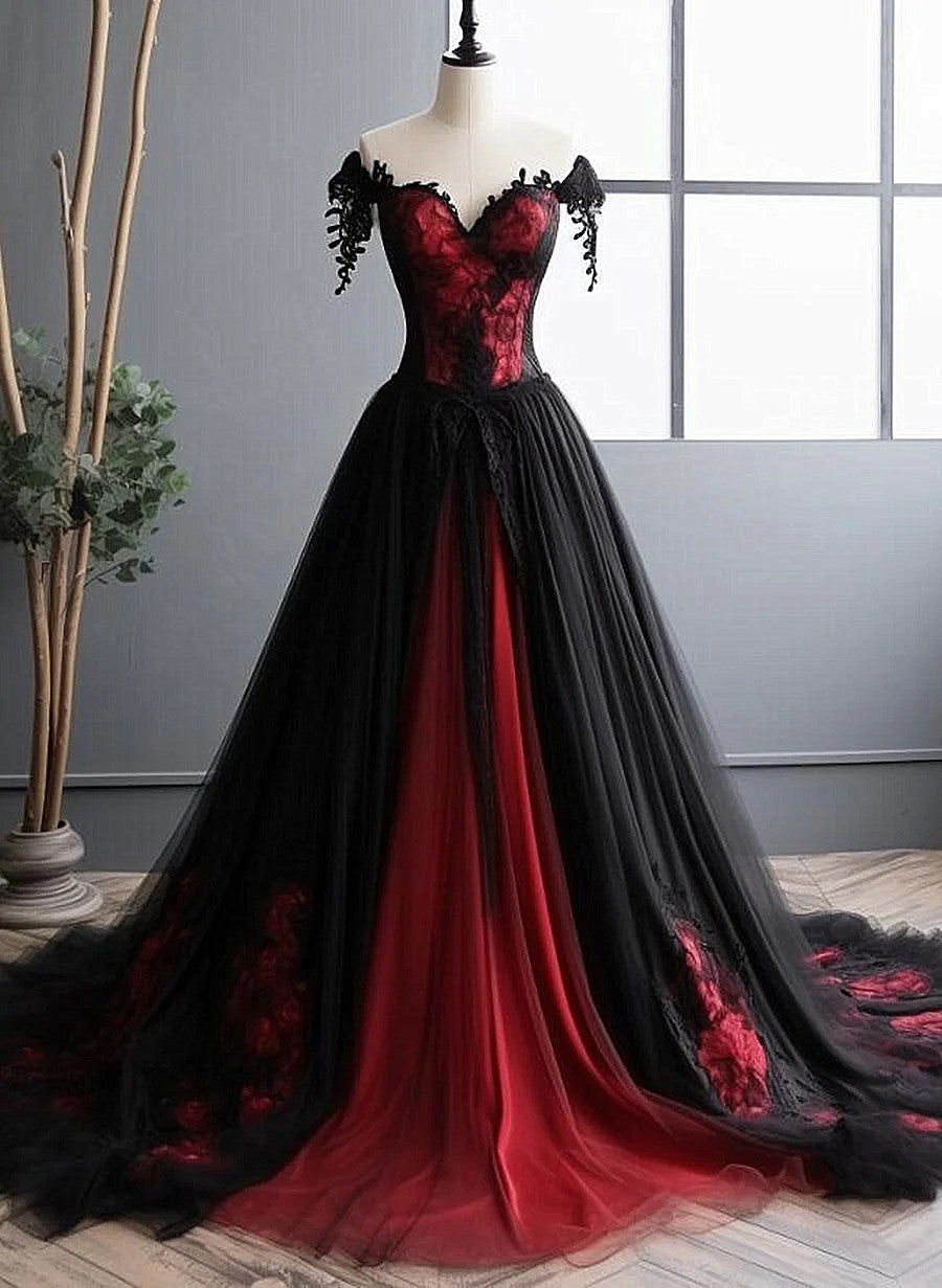 solvbao Elegant Black and Red Tulle with Lace Off Shoulder Gown, Black and Red Prom Dress