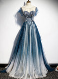 solvbao Blue A-line Round Neckline Beaded Prom Dress, Blue Round Neckline Party Dress