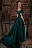 solvbao Dark Green Satin Off Shoulder Long Party Dress, A-line Green Formal Dress